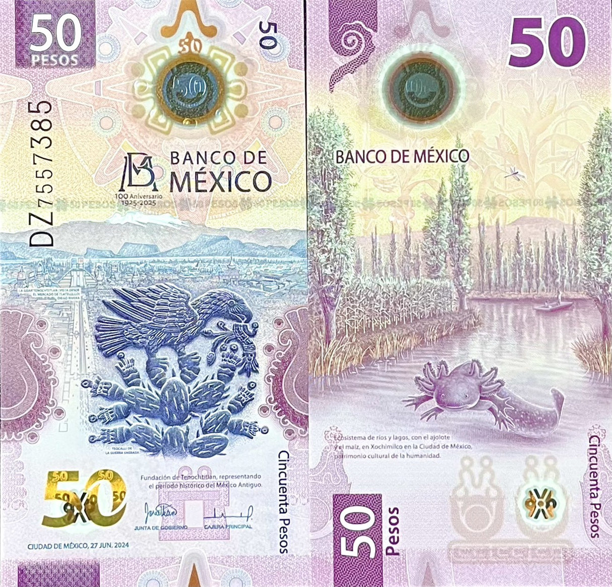 Mexico 50 Pesos 2025 Polymer Random Prefix & Sign 1925-2025 Comm 100th P 138 UNC