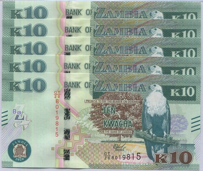 Zambia 10 Kwacha 2020 P 58 UNC Lot 5 PCS