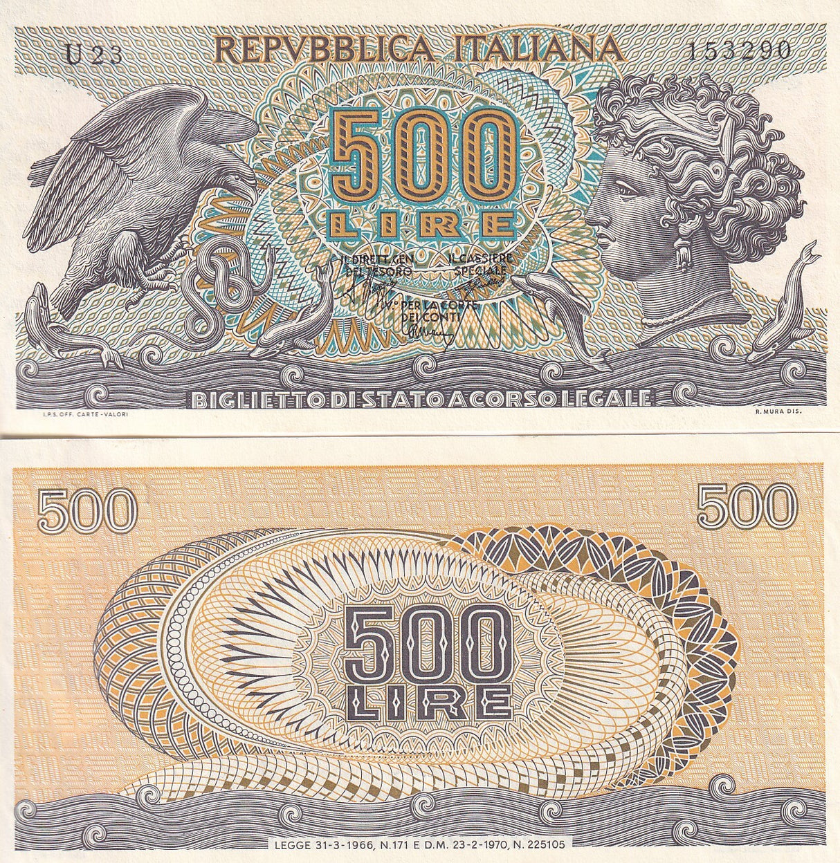 Italy 500 Lire 1970 P 93 a Eagle Agrigento Aretusa UNC