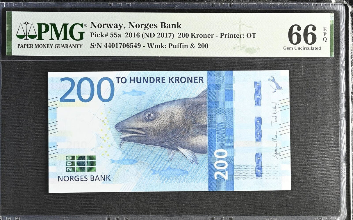 Norway 200 Kroner 2016 ND 2017 P 55 a Gem UNC PMG 66 EPQ