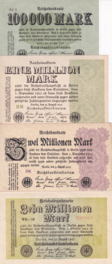 Germany Set 4 PCS 100000 - 10 Million Mark 1923 P 91 102 104 106 AUnc