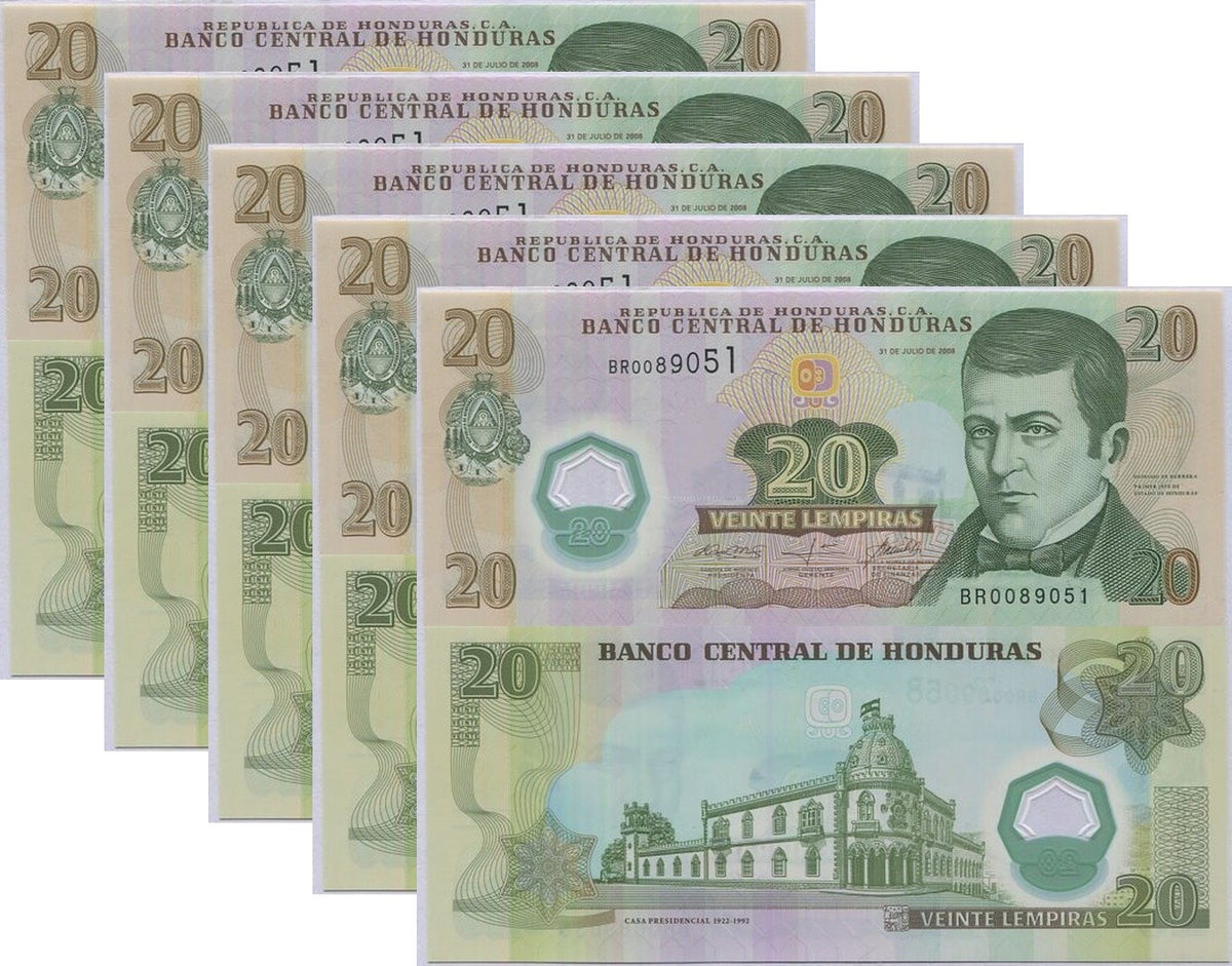 Honduras 20 Lempiras 2008 Polymer P 95 UNC LOT 5 PCS ,Old Casa Presidencial