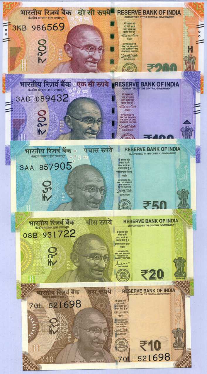 India Set 5 Pcs 10 20 50 100 200 Rupees Random Year (2018-2025) P 109-113 UNC