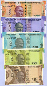 India Set 5 Pcs 10 20 50 100 200 Rupees Random Year (2018-2025) P 109-113 UNC