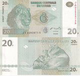 Congo DEMOCRATIC REPUBLIC 20 Francs 2003 P 94 UNC G&D Lion, Kundelongu Park