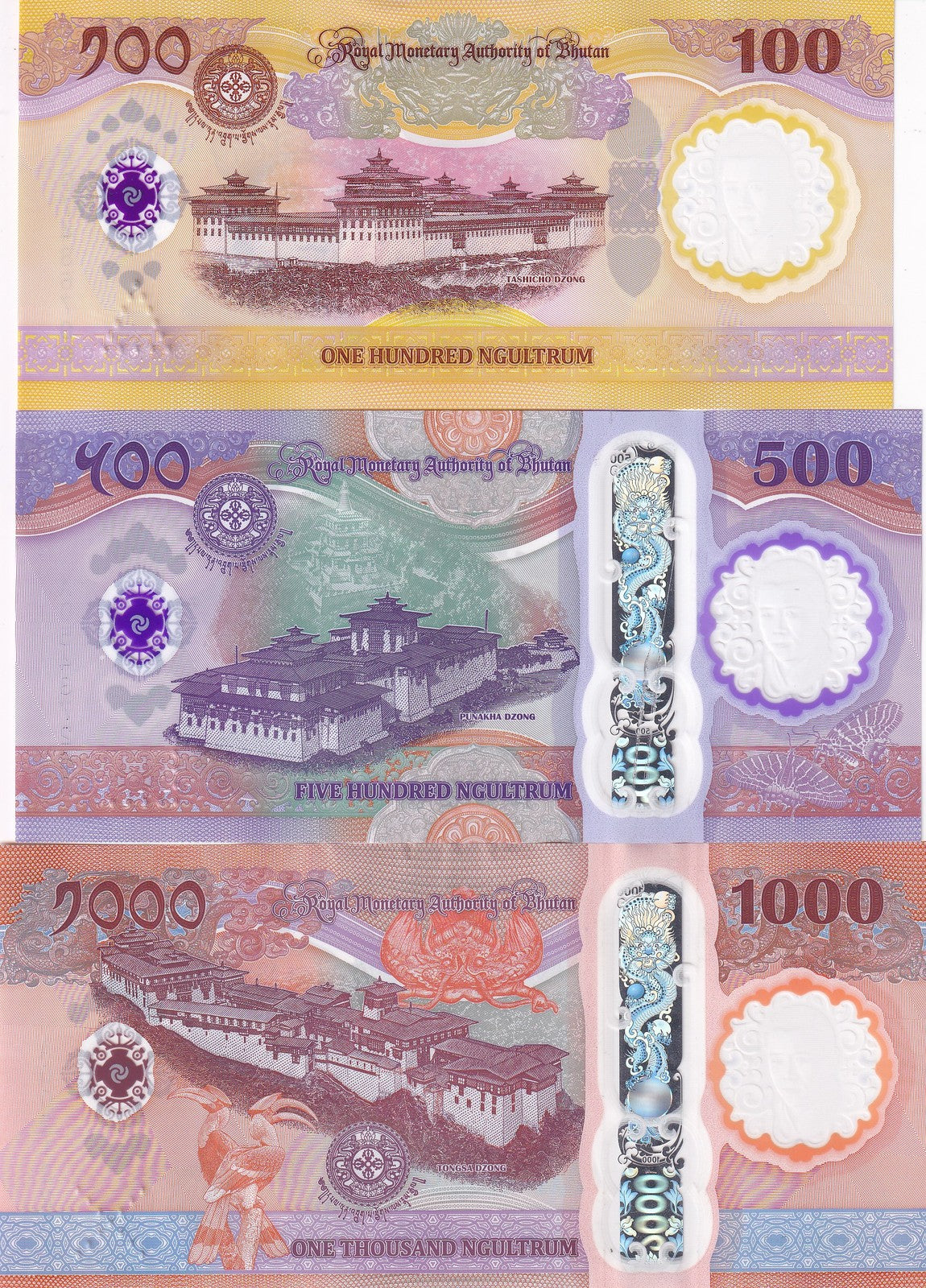 Bhutan SET 3 XF/AU 100 500 1000 Ngultrum 2025 2026 70th Commemorative Polymer