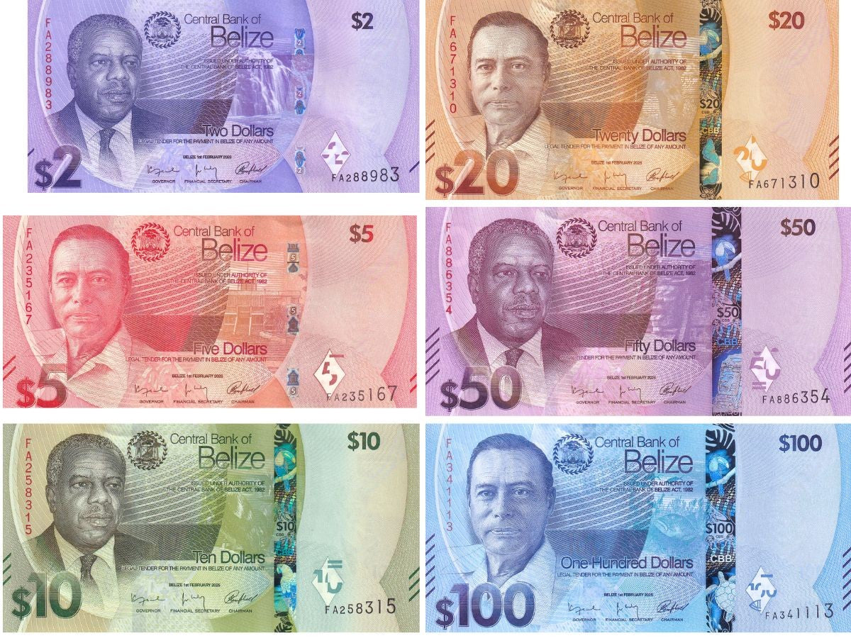 Belize set 6 UNC 2 5 10 20 50 100 Dollars 2025 P 73 74 75 76 77 78 NEW Design