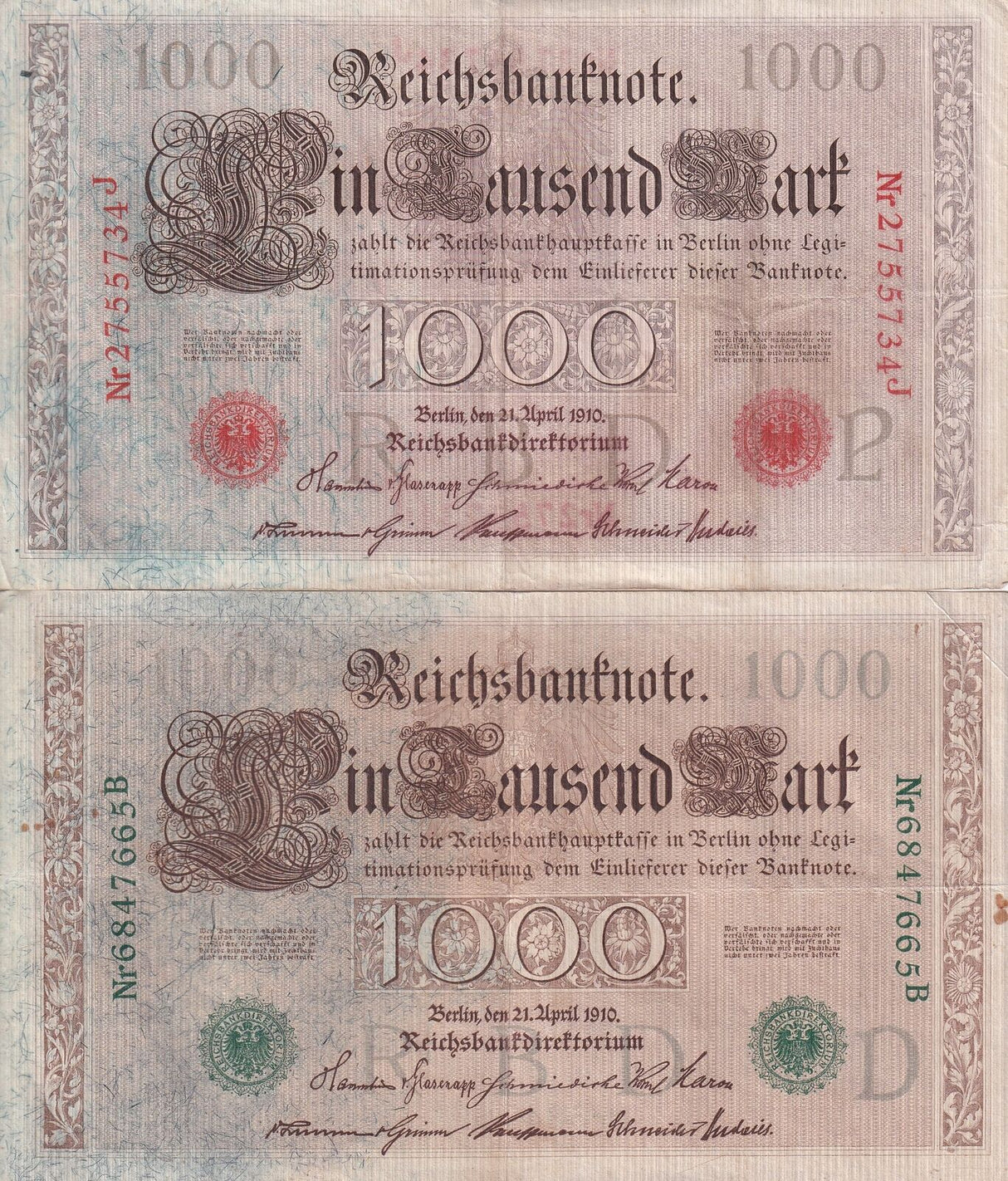 Germany SET 2 , 1000 Mark 1910 Green + Red Seal P 44 45 Fine Used Circulated
