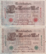 Germany SET 2 , 1000 Mark 1910 Green + Red Seal P 44 45 Fine Used Circulated