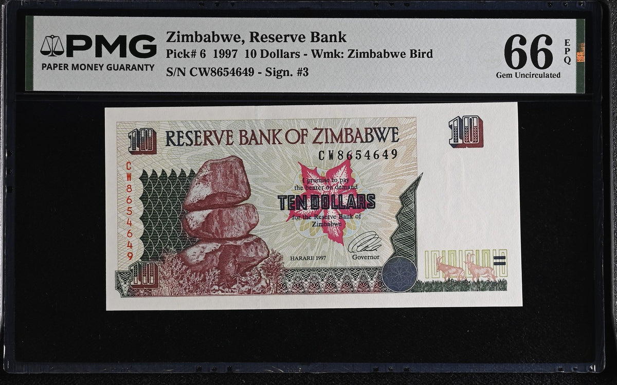 Zimbabwe 10 Dollars 1997 P 6 Gem UNC PMG 66 EPQ , Graded Note , WTM bird