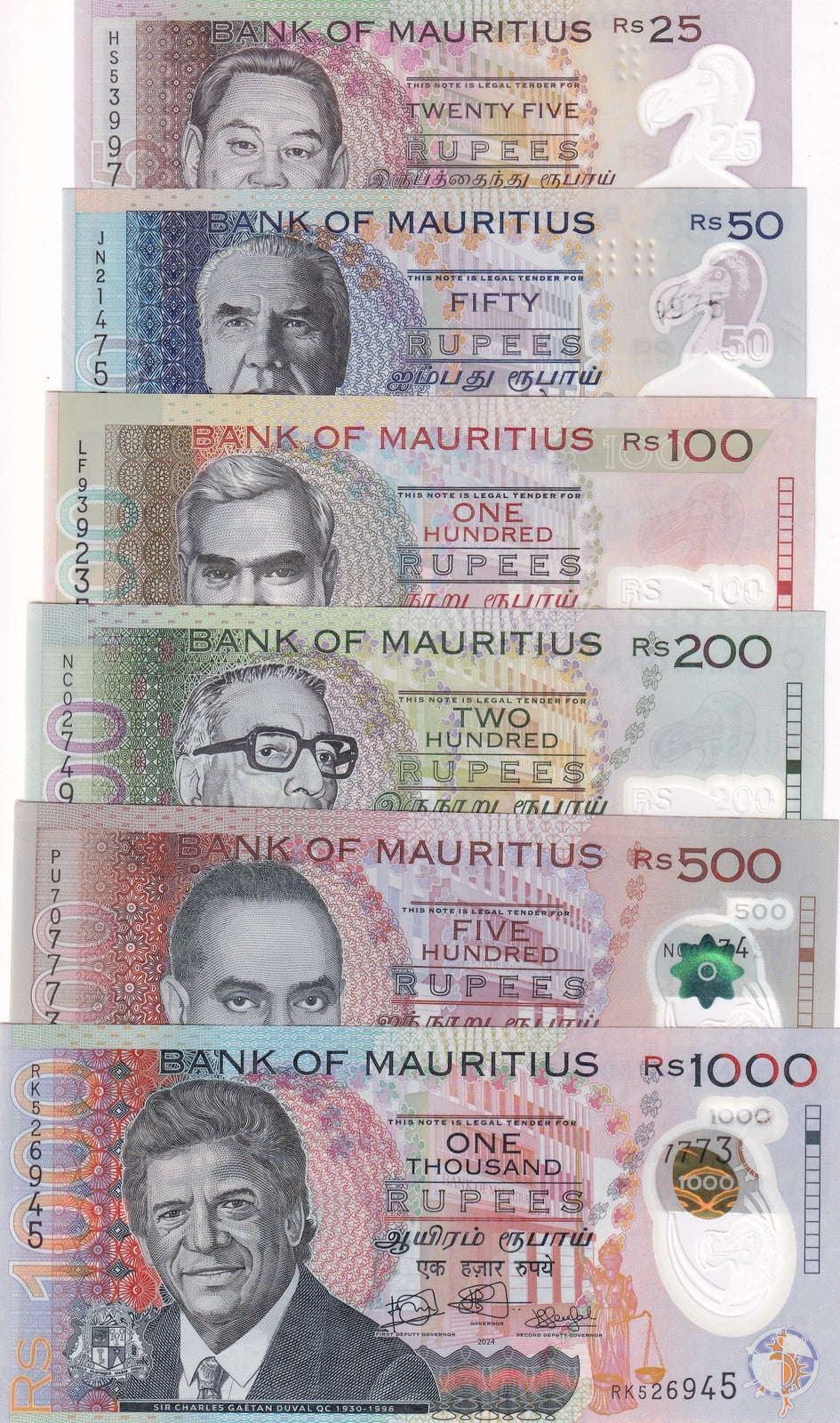 Mauritius Set 6 UNC 25 50 100 200 500 1000 Rupees 2021-2024 P 64-P W66A Polymer