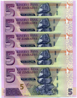 Zimbabwe 5 Dollars 2019 P 102 UNC LOT 5 PCS