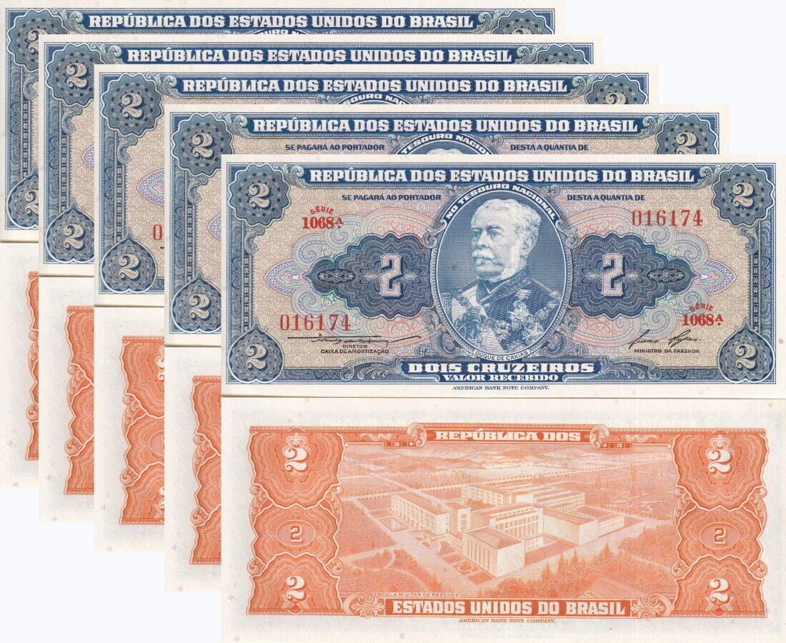 Brazil 2 Cruzeiros 1954 - 1958 P 151 b UNC LOT 5 PCS