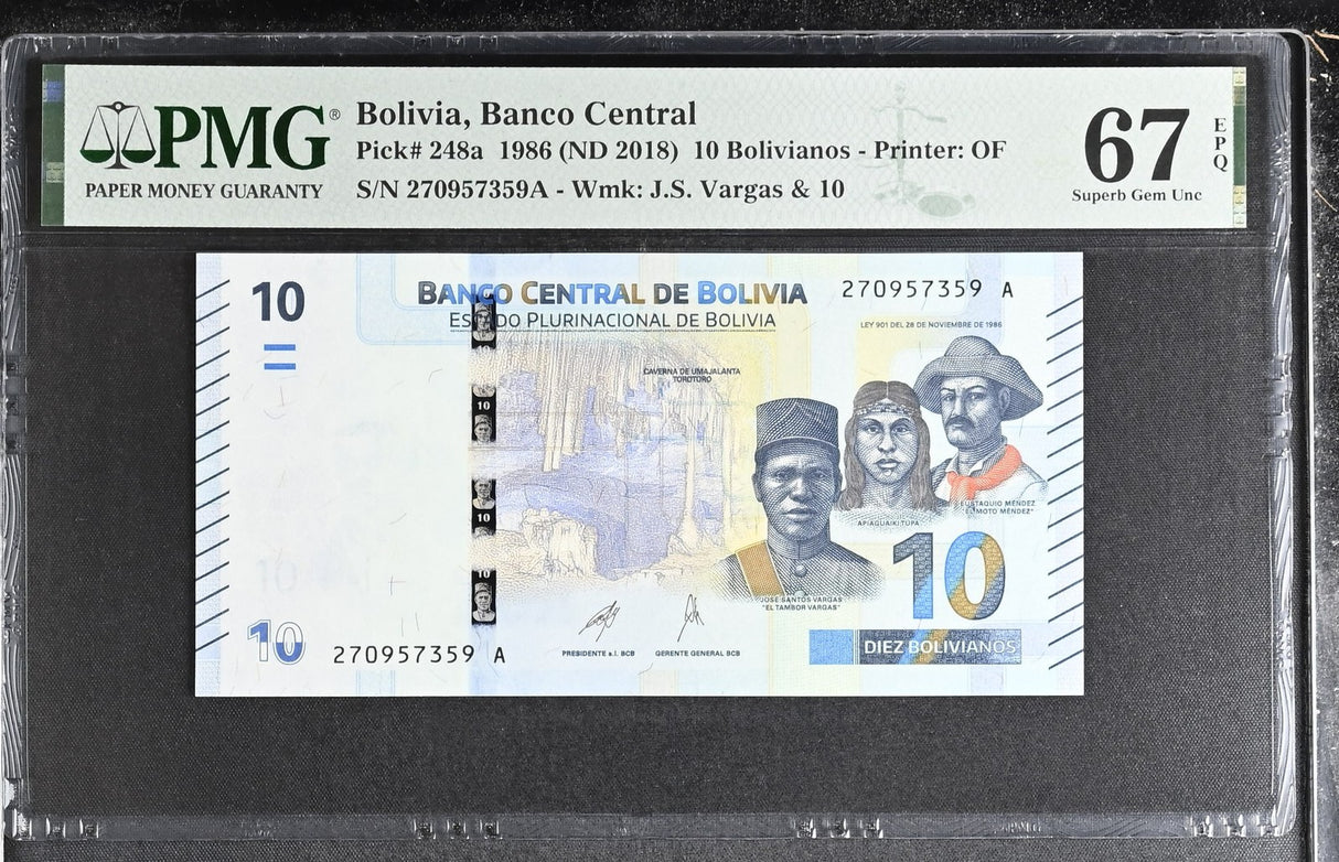 Bolivia 10 Bolivianos 1986 ND 2018 P 248 a Superb Gem UNC PMG 67 EPQ