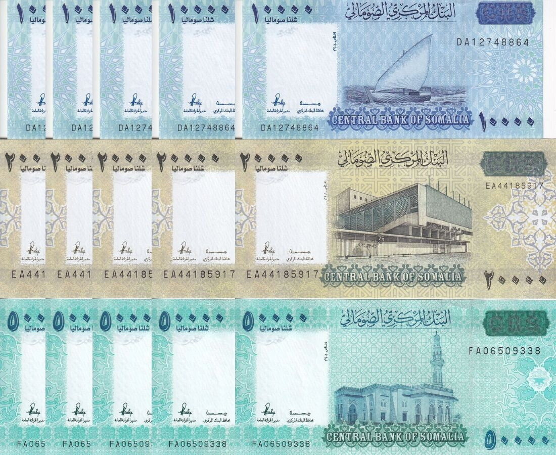 Somalia Set 3 x Lot 5 = 15 UNC 10000 20000 50000 SH 2010 2023 2024 P 41 42 43