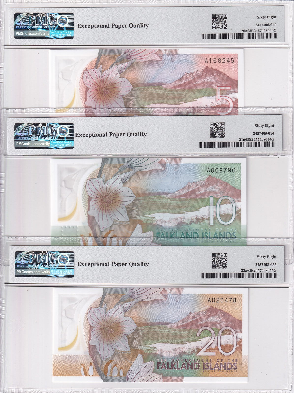 Falkland Islands Set 3; 5 10 20 Pounds 2025 P 20 21 22 Superb Gem UNC PMG 68 EPQ
