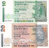 Hong Kong Set 2 UNC 10 20 Dollars 1993 1994 P 284 P 285 SCB Fish Turtle