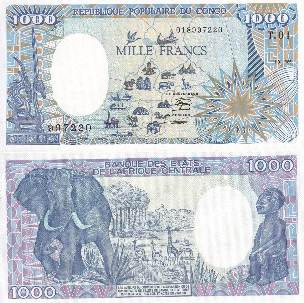 Congo Republic 1000 Francs 1985 P 9 AUnc