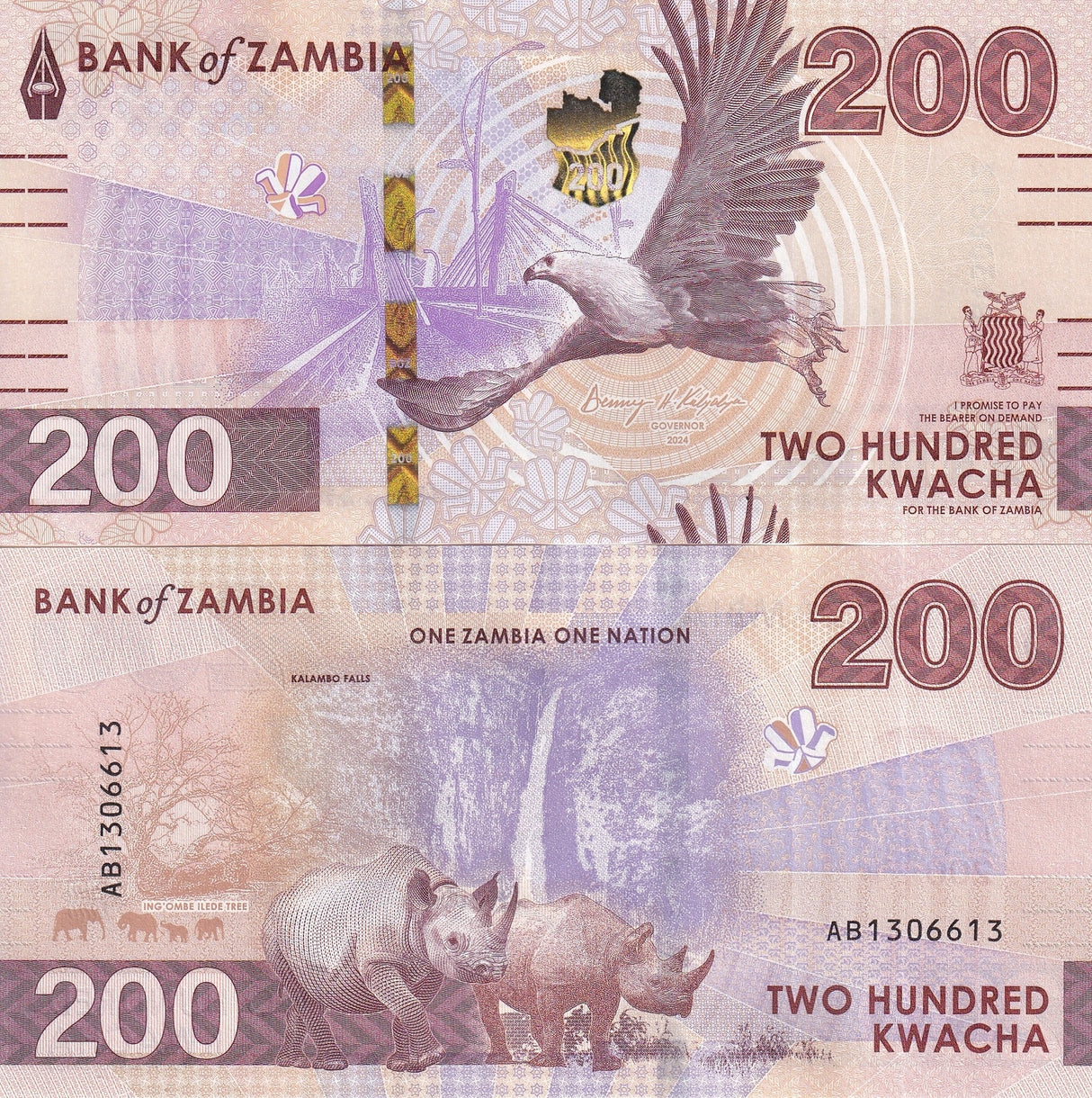 Zambia 200 Kwacha 2024 2025 P 66 EAGLE RHINO UNC