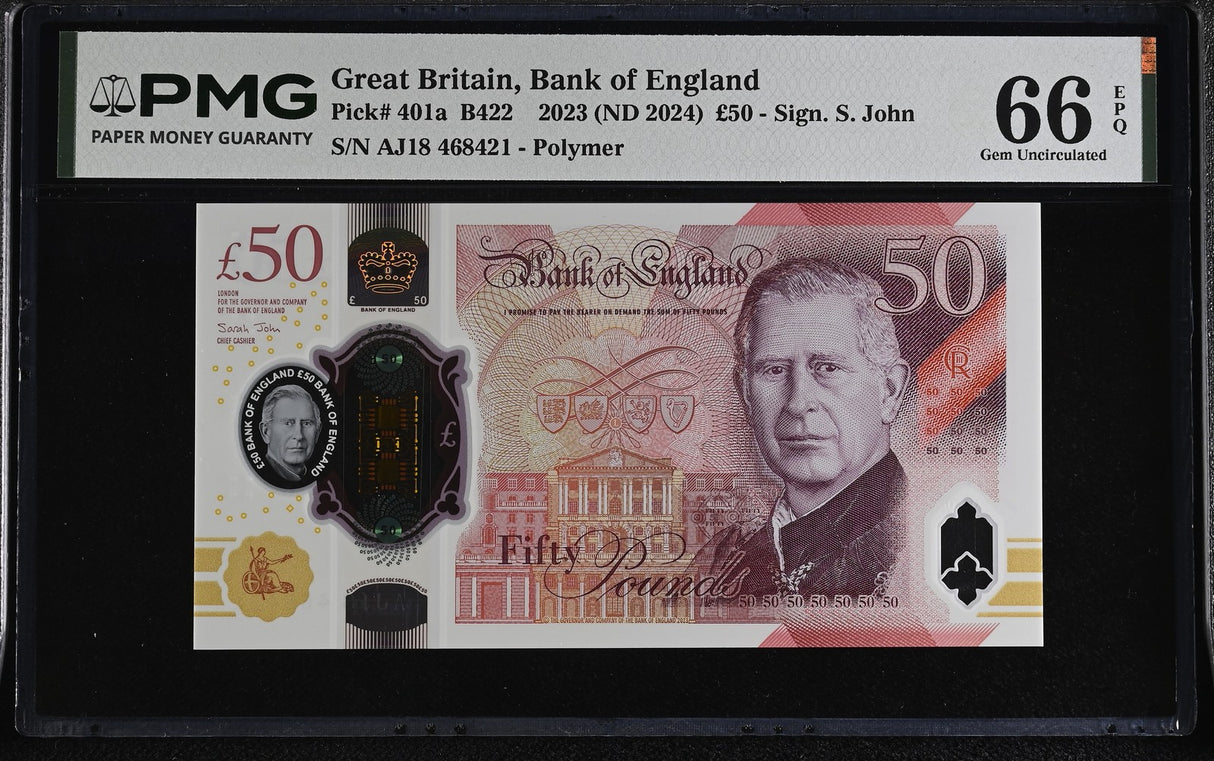 Great Britain 50 Pounds 2023 ND 2024 P 401 a Gem UNC PMG 66 EPQ , graded polymer