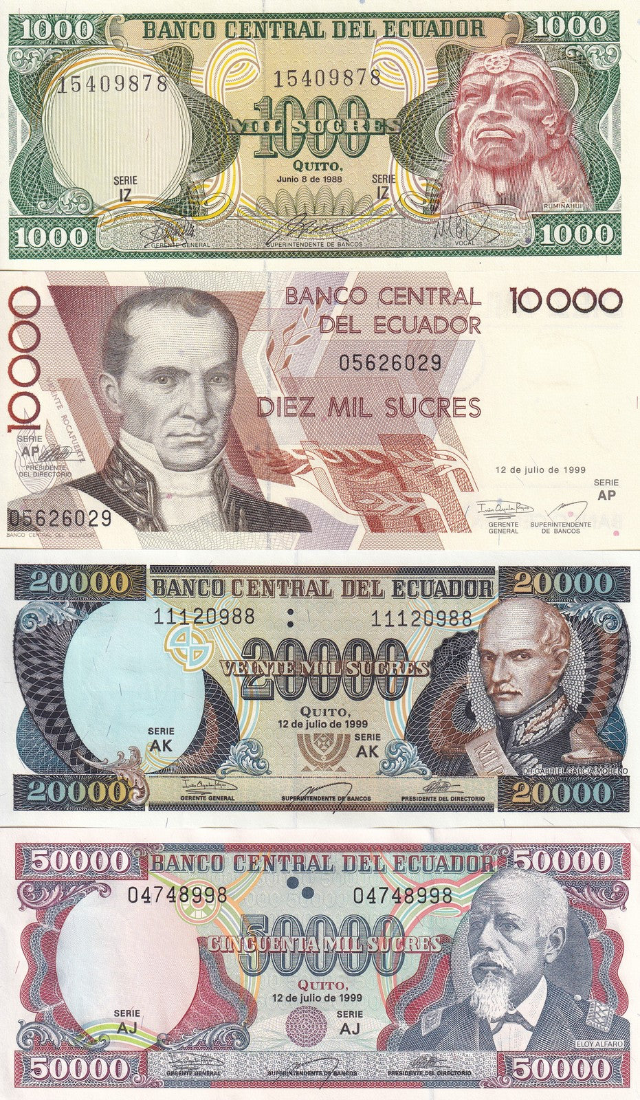 Ecuador Set 4 UNC 1000 10000 20000 50000 Sucres 1988 1999 P 125 127 129 130