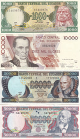 Ecuador Set 4 UNC 1000 10000 20000 50000 Sucres 1988 1999 P 125 127 129 130