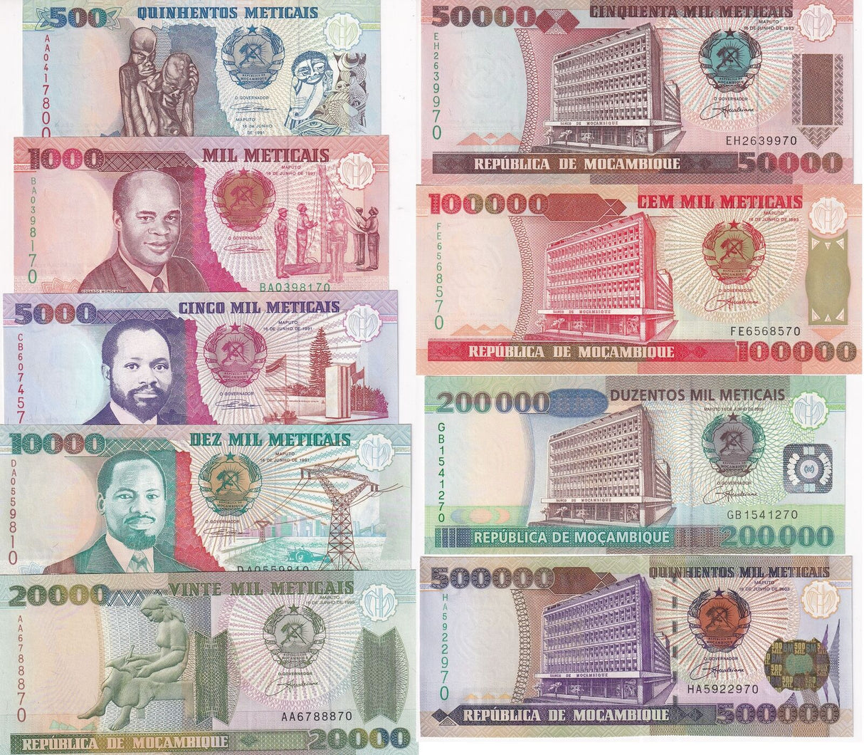 Mozambique SET 9 UNC 500 - 500000 M. 1993-2003 P 134 135 136 137 - P 142