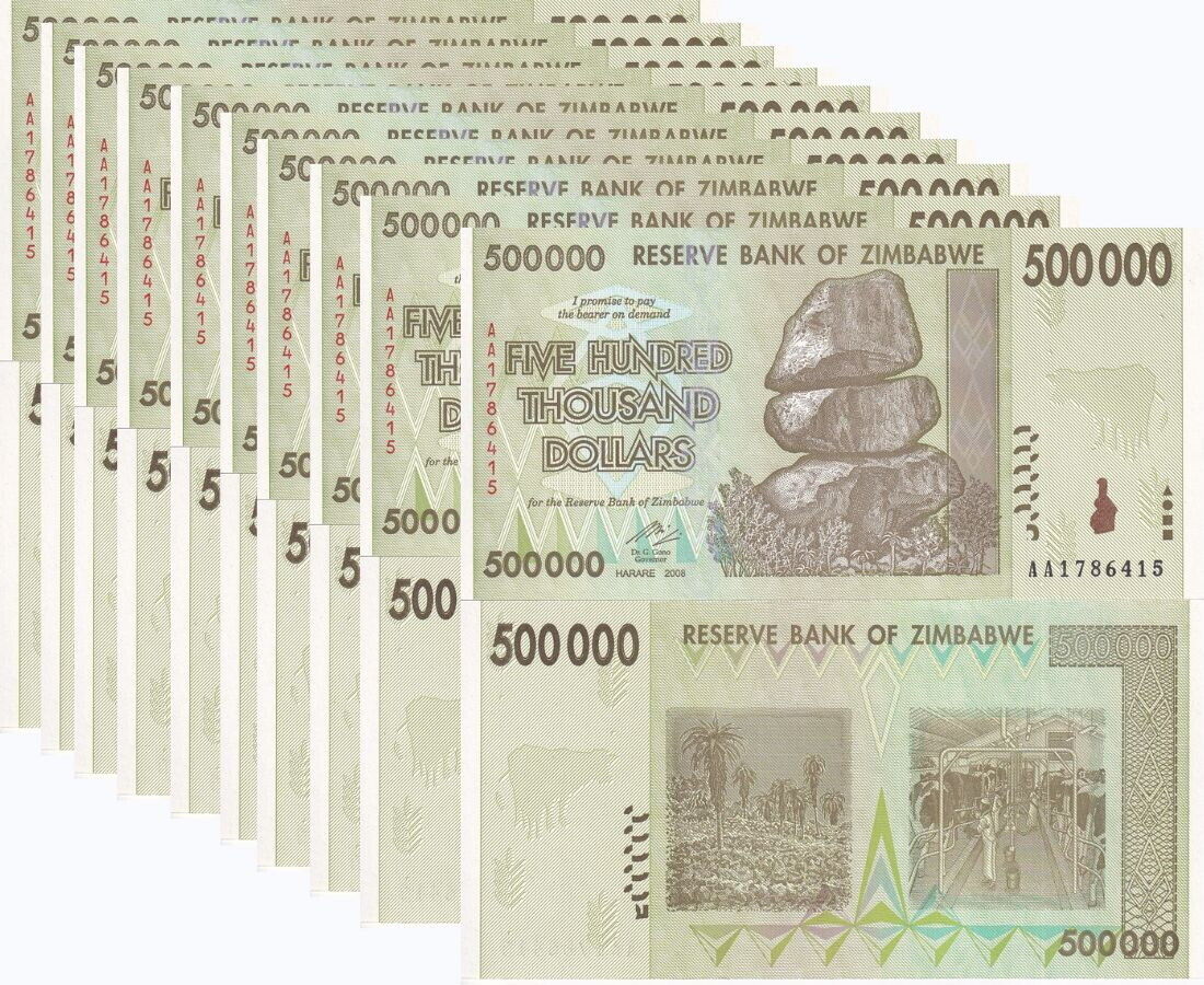 Zimbabwe 500000 Dollars 2008 P 76 UNC LOT 10 PCS