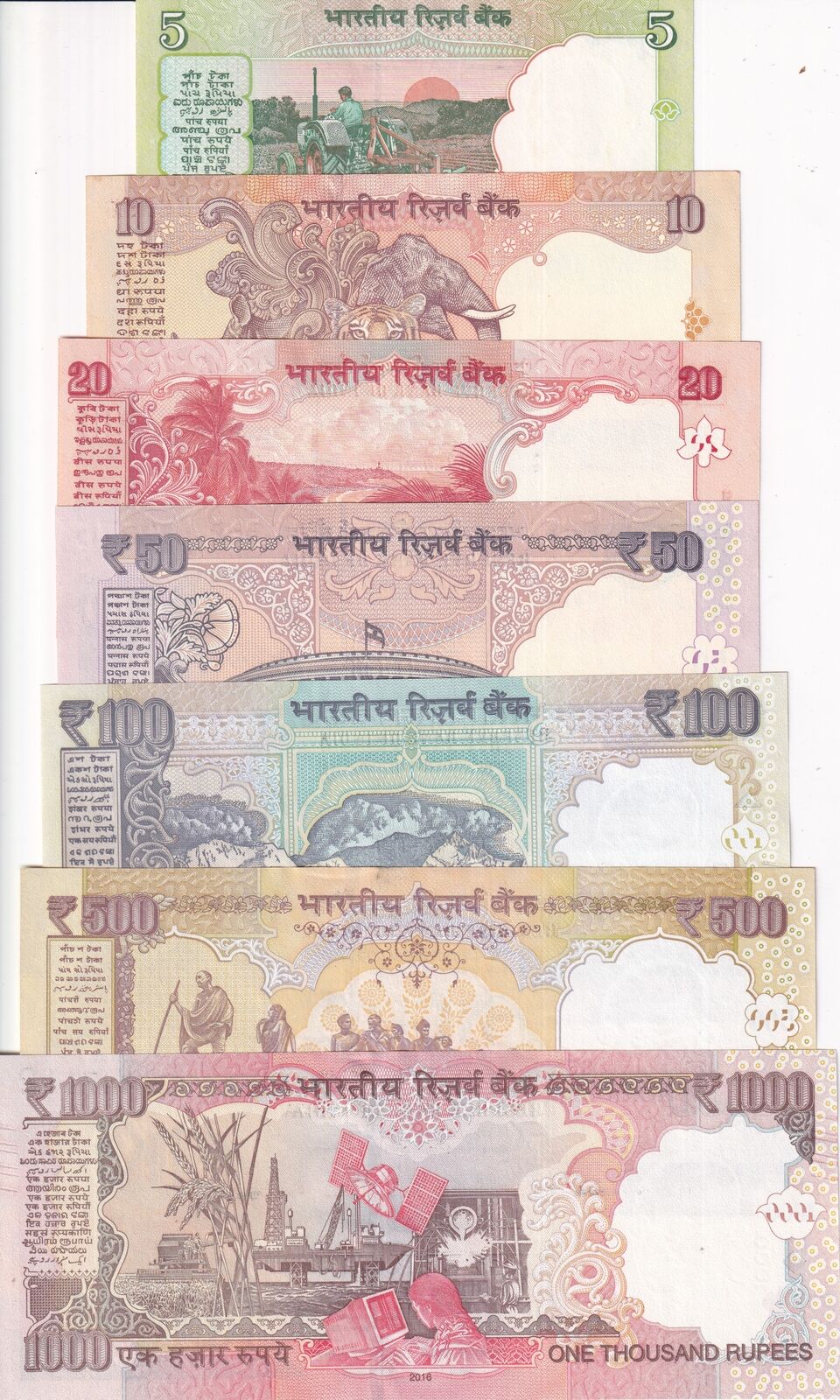 India set 7 AU-UNC 5 10 20 50 100 500 1000 Rupees P 88A -106 107 AU