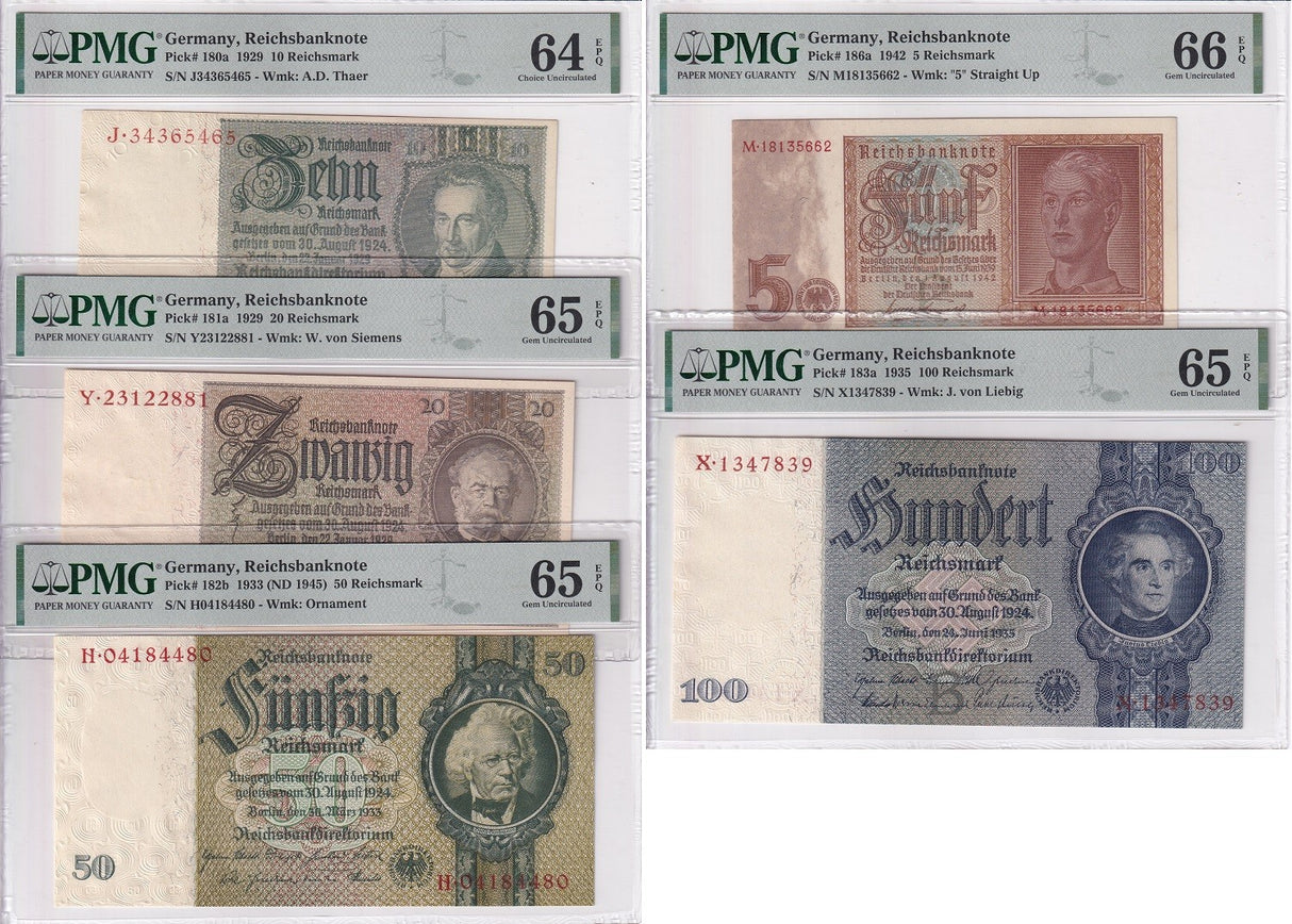 Germany Set 5; 5 20-100 Reichsmark 1929-1935 P 180 Gem UNC PMG 64 65 66 EPQ