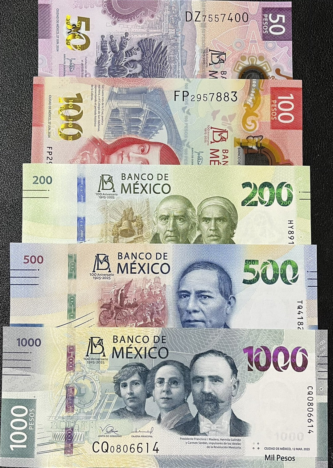 Mexico set 5 UNC 20 50 100 200 500 1000 Commemorative OVPT 1925-2025 100th