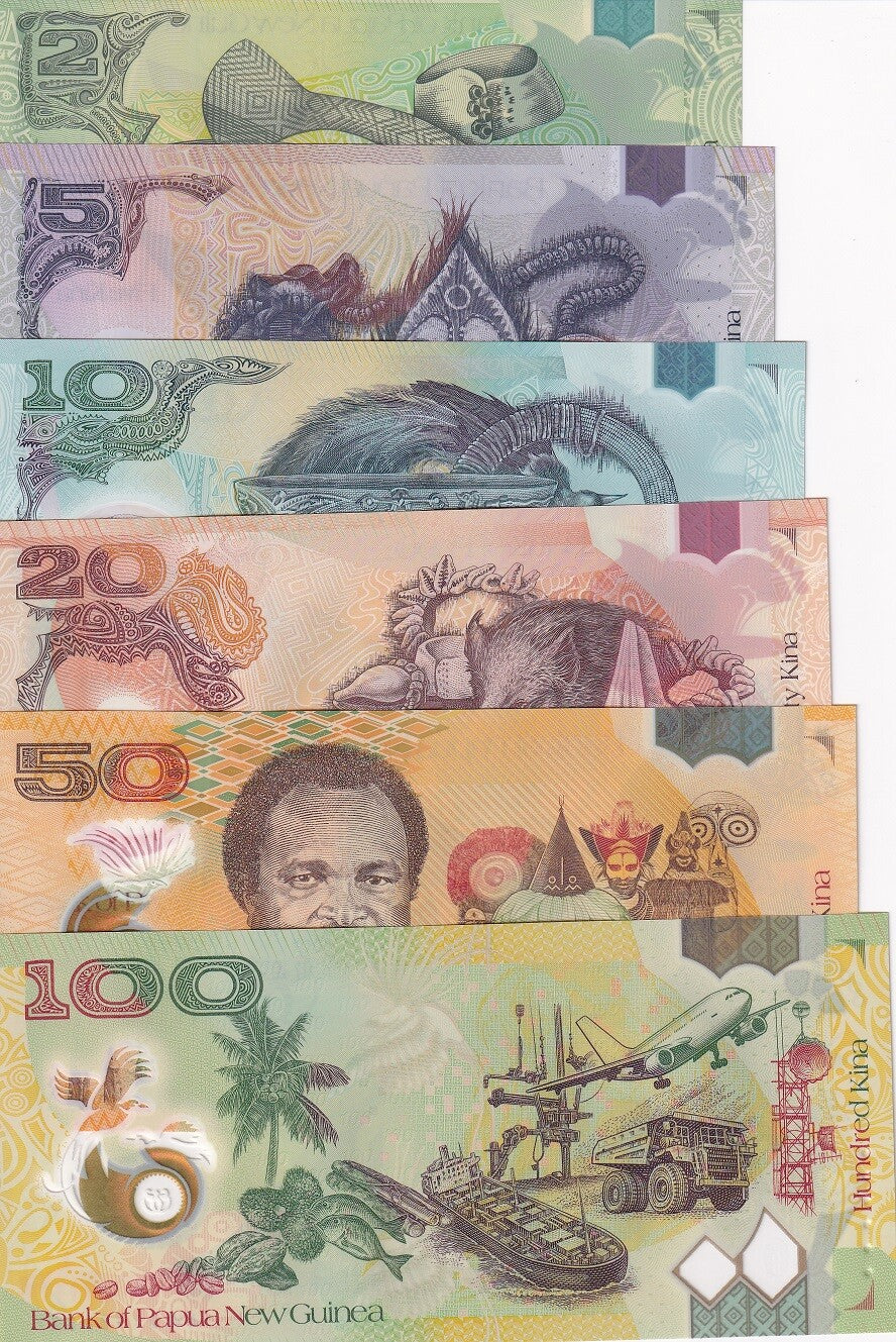 Papua New Guinea Set 6 UNC 2 5 10 20 50 100 Kina 2019-2021 P 50 51 52 53 54 P 55