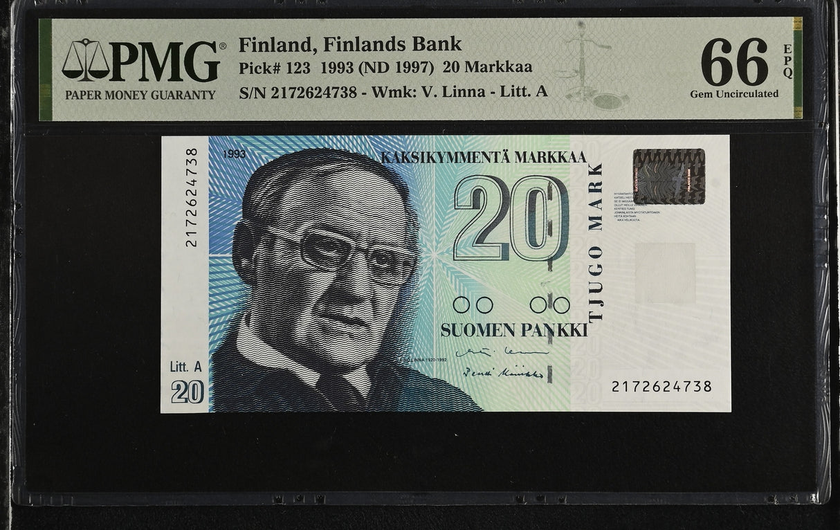 Finland 20 Markka 1993 ND 1997 P 123 Gem UNC PMG 66 EPQ