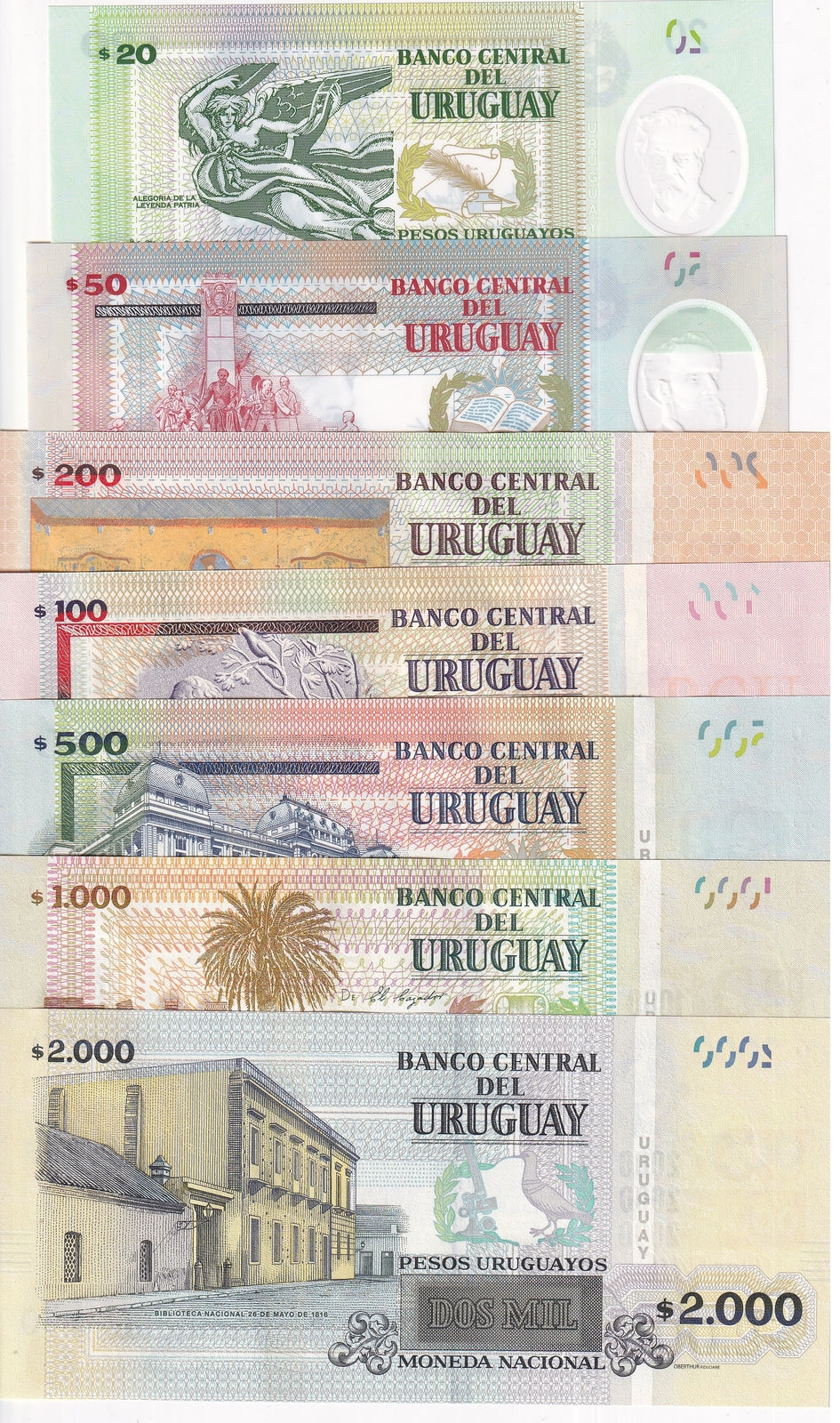 Uruguay Set 7 UNC 20 50 100 200-2000 Pesos Random Year P 93 94 95 96 97 98 99