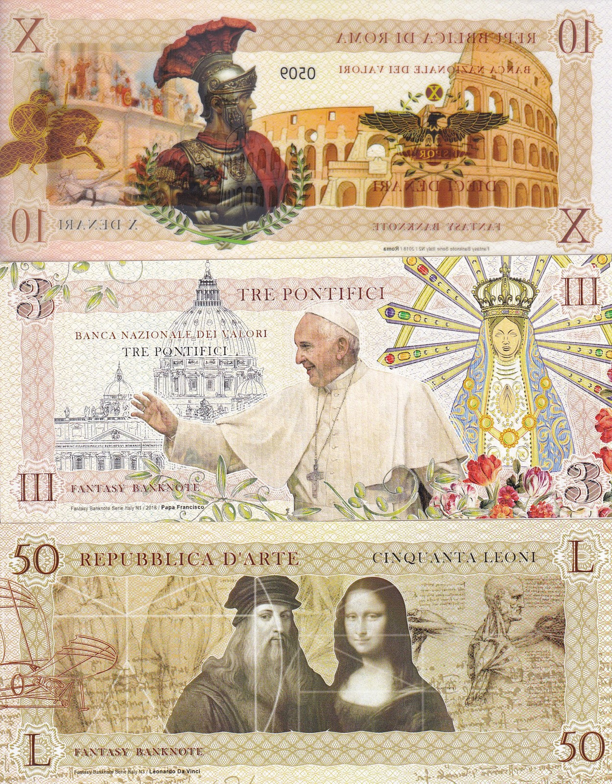 Italy Fantasy SET 3 Pcs 10 50 2018 Pope Francisco Rome Da Vinci Paper Polymer