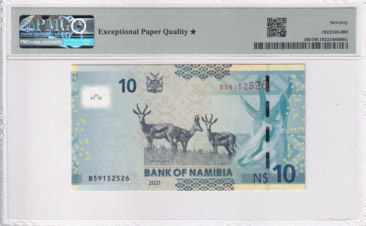 Namibia 10 Namibia Dollars 2021 P 16 b Superb Gem UNC PMG 70 EPQ Extra Star