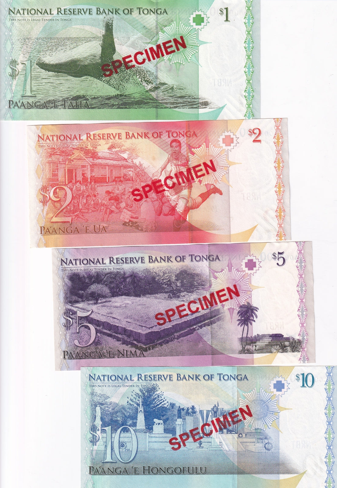 Tonga Set 4 UNC 1 2 5 10 Pa'anga ND 2012 P 37 38 39 40 SPECIMEN UNC
