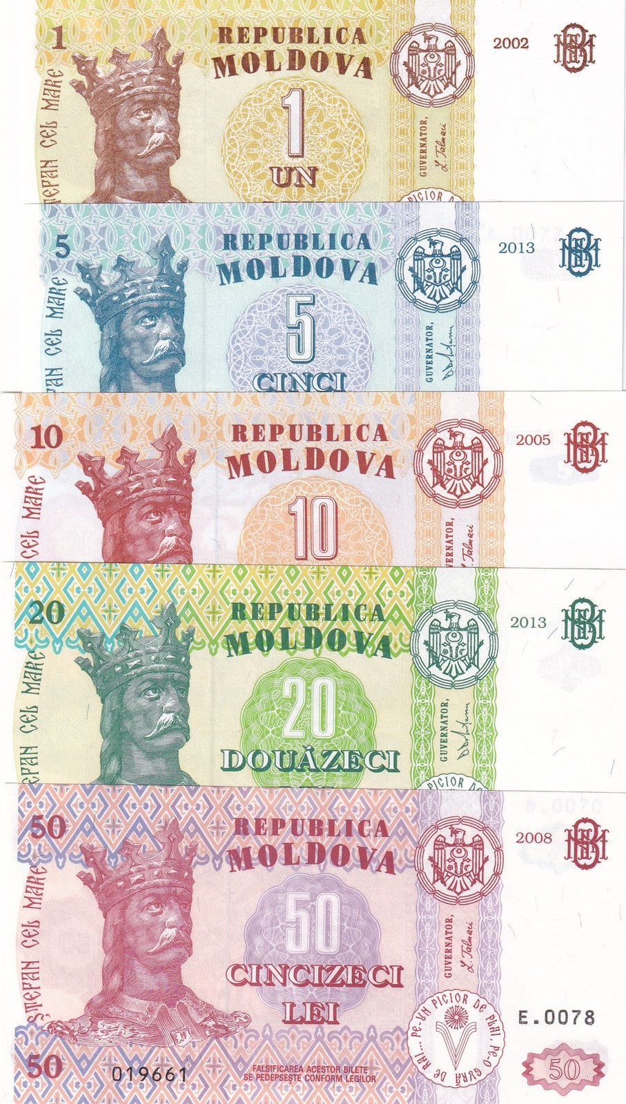 Moldova Set 5 Pcs 1 5 10 20 50 Lei Random Year P 8 9 10 13 14 UNC