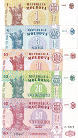 Moldova Set 5 Pcs 1 5 10 20 50 Lei Random Year P 8 9 10 13 14 UNC