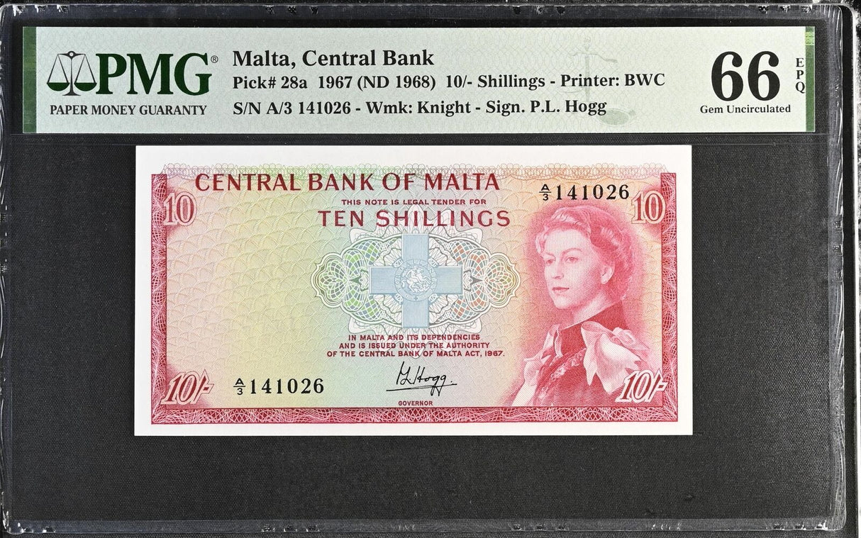 Malta 10 Shillings 1967 ND 1968 P 28 a Gem UNC PMG 66 EPQ