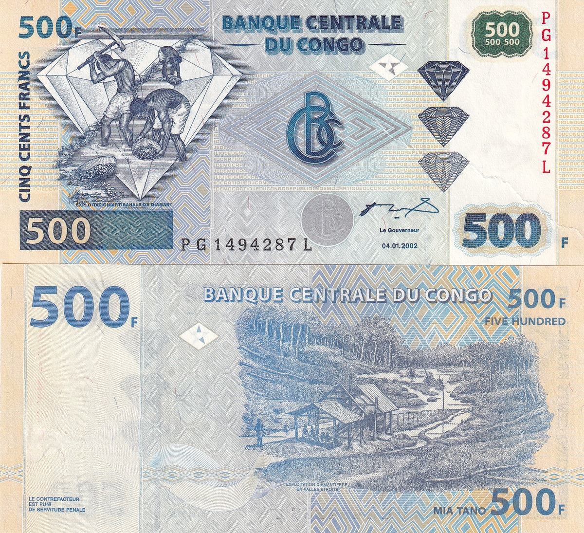 Congo 500 Francs 2002 P 96 G&D UNC ,Diamond exploitation, Etroite Valley