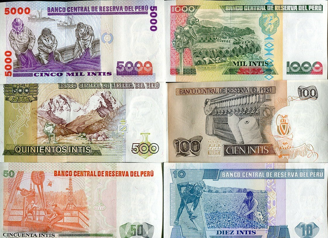 Peru Set 6 PCS 10 50 100 500 1000 5000 INTIS P 129 131 133 134 136 137 AUnc