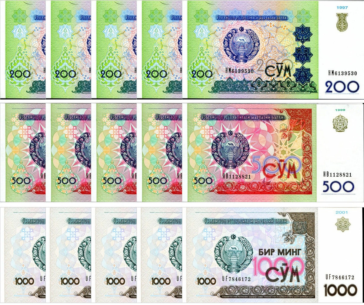 Uzbekistan Set 3 X 5 SETS = 15 UNC 200 500 1000 Som 1997 1999 2001 P 80 81 82