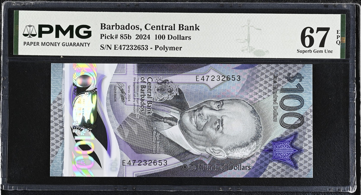 Barbados 100 Dollars 2024 Polymer P 85 b Superb Gem UNC PMG 67 EPQ