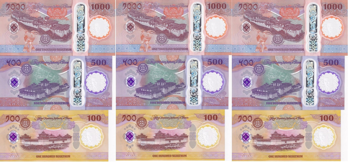 Bhutan SET 3 x 3 LOTs = 9 UNC 100 500 1000 Ngultrum 2025 /2026 Comm. Polymer