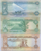 UAE United Arab Emirates Set 3 PCS 5 10 20 Dirhams Random Year P 26 27 28 UNC