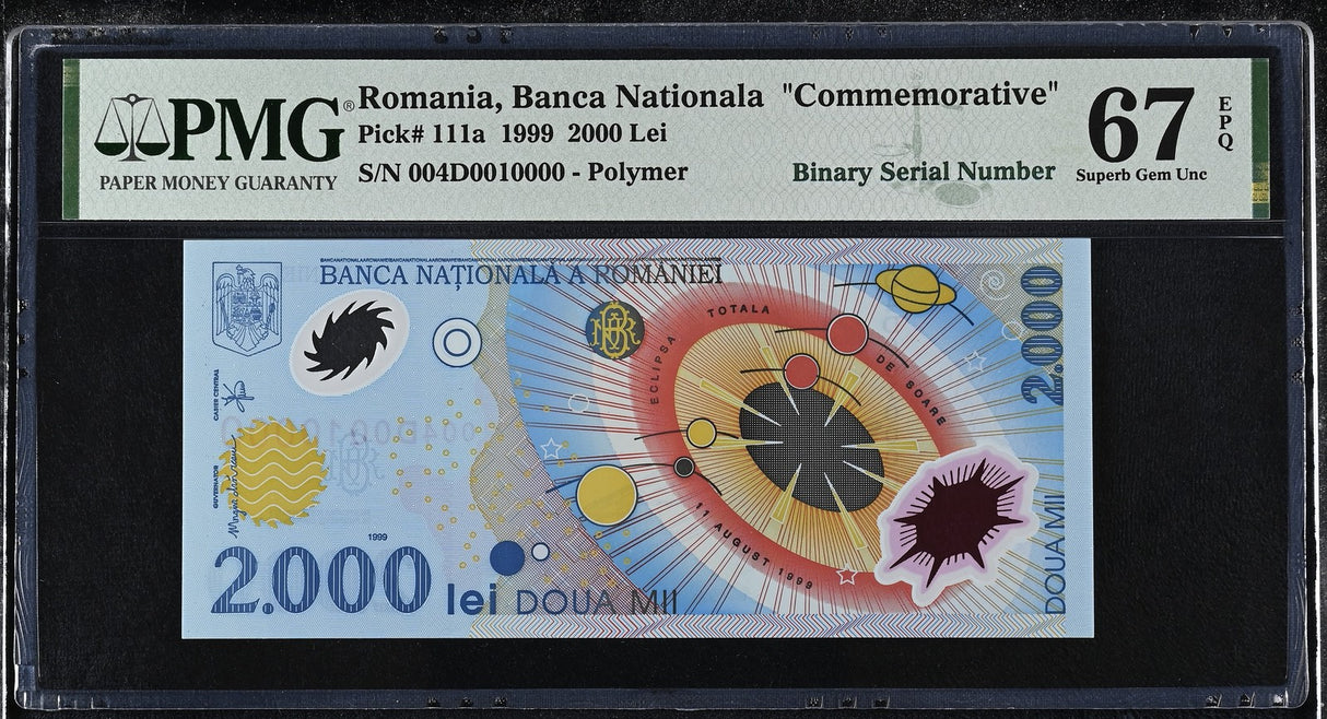 Romania 2000 Lei 1999 P 111 a Polymer BINARY # 10000 Superb Gem UNC PMG 67 EPQ