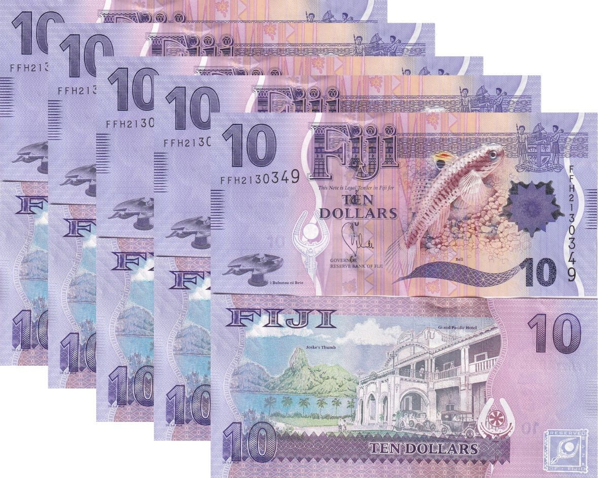 Fiji 10 Dollars ND 2013 P 116 UNC LOT 5 PCS Polymer Design Beli fish