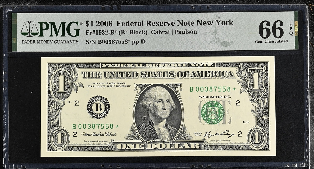 United States 1 Dollar USA 2006 P 523* Replacement B New York Gem UNC PMG 66 EPQ