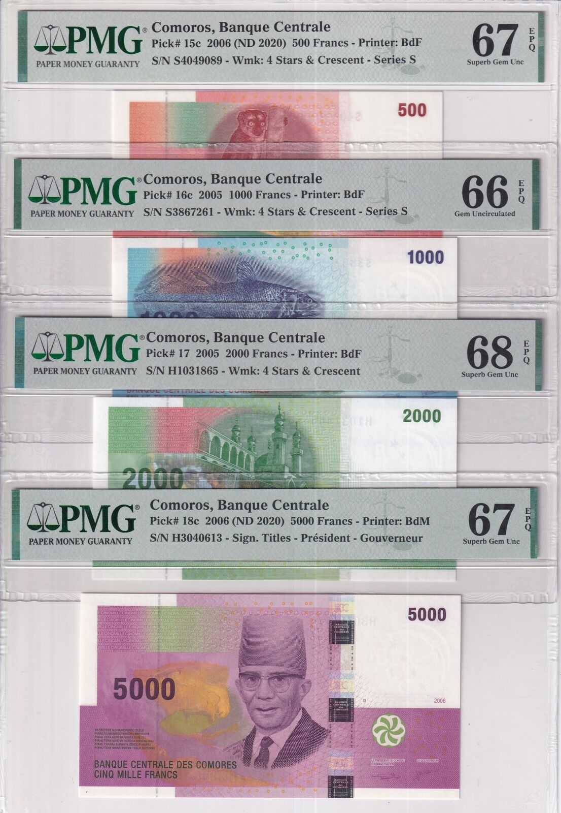 Comoros Set 4; 500-2000 5000 Francs 2006 P15-P18 Superb Gem UNC PMG 66 67 68 EPQ